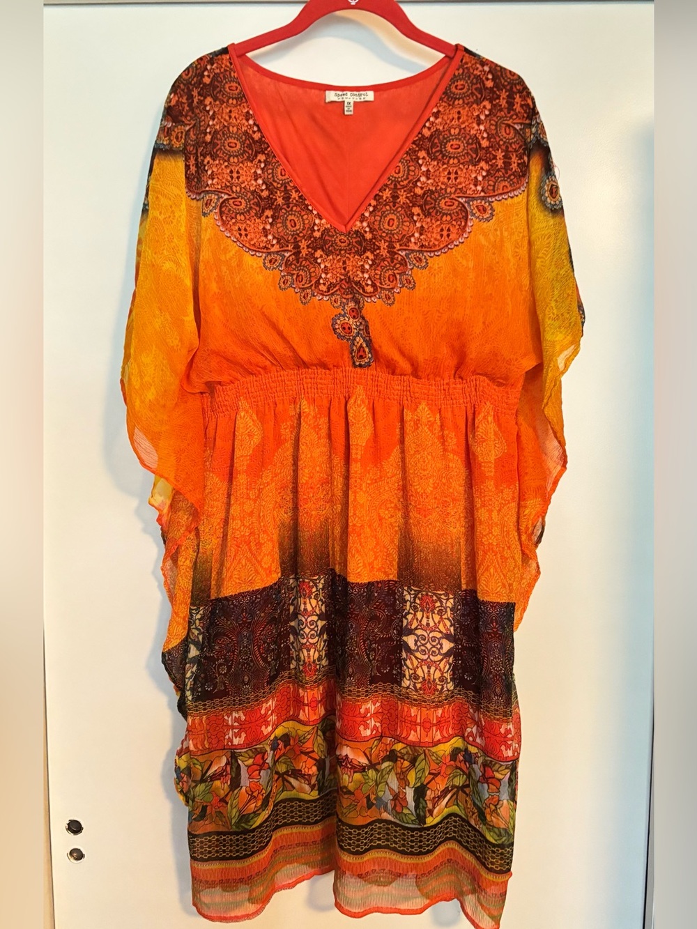 Speed Control Handkerchief Dress 1X Boho Caftan Orange Sheer